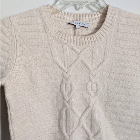 Sandro Merino Wool Cable Knit Sweater in Ivory, Size 2 - Picture 5 of 8